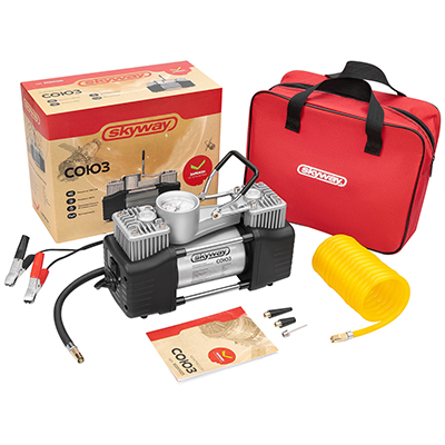 Компрессор метал. 60 л/мин 2-х поршневой с крокодилами SKYWAY СОЮЗ в  сумке 10АТМ S02001025